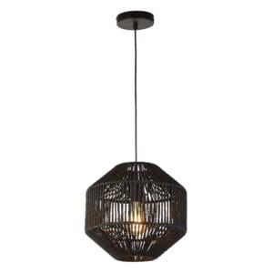 Ceiling Pendants - Searchlight Wicker Pendant Matt Black Metal & Black Rope Shade (11203-1BK)