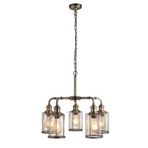 Ceiling Pendants - Searchlight Pipes 5Lt Pendant Antique Brass Metal & Seeded Glass (1265-5AB)