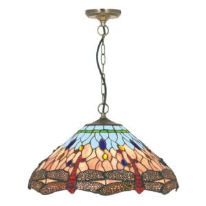 Ceiling Pendants - Searchlight Dragonfly Pendant Antique Brass Metal & Stained Glass (1283-16)