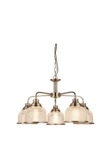 Ceiling Pendants - Searchlight Bistro II 5Lt Pendant Antique Brass & Holophane Style Glass (1685-5AB)