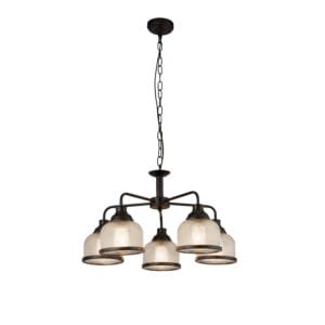 Ceiling Pendants - Searchlight Highworth 5Lt Pendant Black Metal & Holophane Style Glass (1685-5BK)