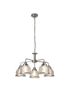 Ceiling Pendants - Searchlight Bistro II 5Lt Pendant Satin Silver & Holophane Style Glass (1685-5SS)