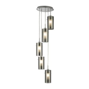 Ceiling Pendants - Searchlight Duo I 5Lt Pendant Satin Silver Metal & Smoked Glass (2305-5SM)