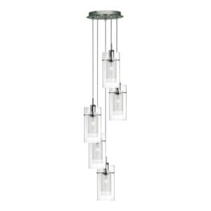 Ceiling Pendants - Searchlight Duo I 5Lt MultiDrop Pendant Satin Silver Metal & Glass (2305-5)