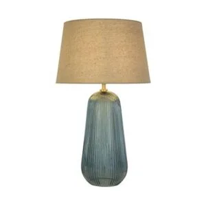 Searchlight Cameo 1Lt Table Lamp Blue Glass with Natural Linen Shade