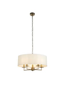 Ceiling Pendants - Searchlight Knightsbridge 5Lt Pendant Antique Brass & White Linen Shade (4785-5AB)