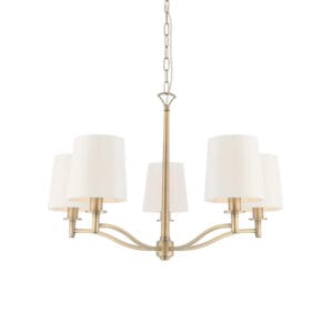 Ceiling Pendants - Endon Ortona 5lt Pendant Matt antique Brass & vintage white fabric Dimmable (70245)