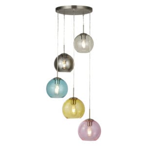 Ceiling Pendants - Searchlight Mardi Gras 5Lt Pendant Satin Silver Metal & Coloured Glass (8135-5SS)