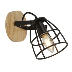Wall Lighting - Searchlight Vision Round Wall Light Matt Black Metal & Wood (81698-1BK)