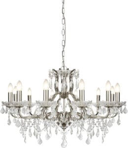 Ceiling Pendants - Searchlight Paris 12Lt Chandelier Satin Silver & Clear Crystal Drops (87312-12SS)