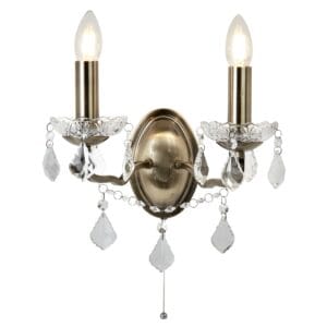 Wall Lighting - Searchlight Paris 2Lt Wall Light Antique Brass Metal & Clear Crystal (8732-2AB)