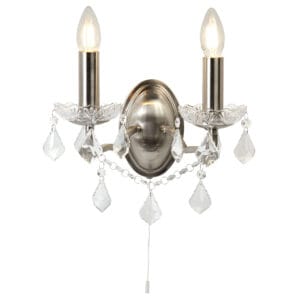 Wall Lighting - Searchlight Paris 2Lt Wall Light Satin Silver & Clear Crystal Drops (8732-2SS)