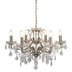 Ceiling Pendants - Searchlight Paris 6Lt Chandelier Antique Brass Metal & Clear Crystal (8736-6AB)