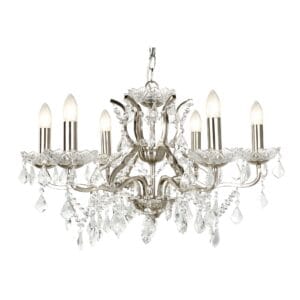 Ceiling Pendants - Searchlight Paris 6Lt Chandelier Satin Silver Metal & Clear Crystal (8736-6SS)