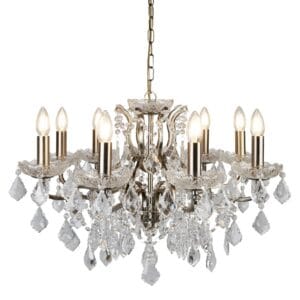 Ceiling Pendants - Searchlight Paris 8Lt Chandelier Antique Brass Metal & Clear Crystal (8738-8AB)