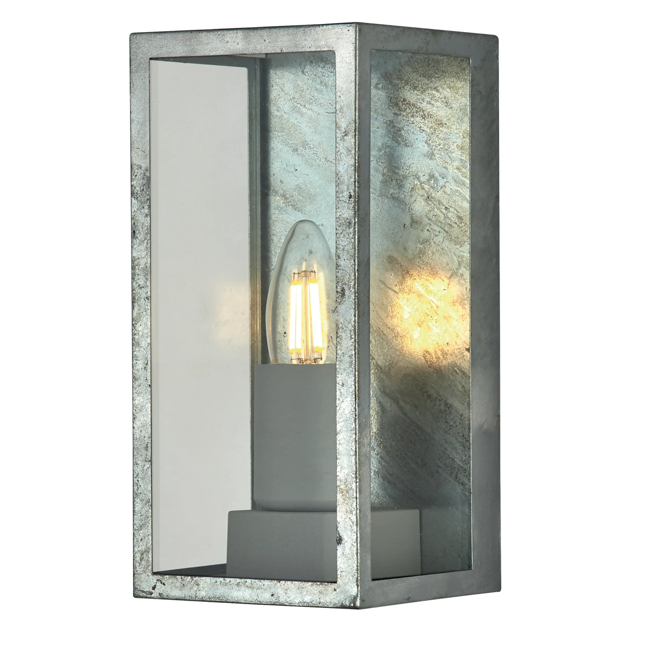 Wall Lighting - Searchlight Box II Outdoor Wall Light Galvanised Silver Metal & Glass (90151SI)