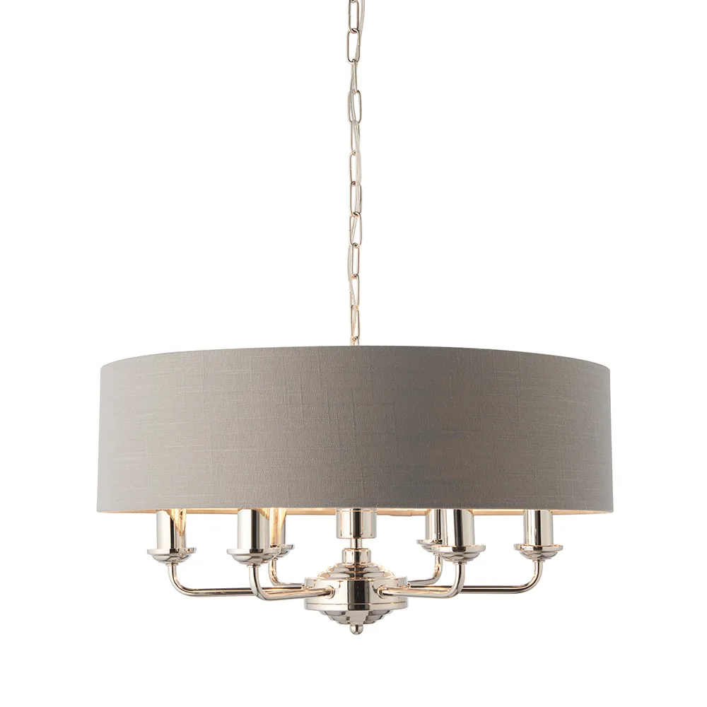 Ceiling Pendants - Endon Highclere 6lt Pendant Bright Nickel & charcoal fabric Dimmable (94373)