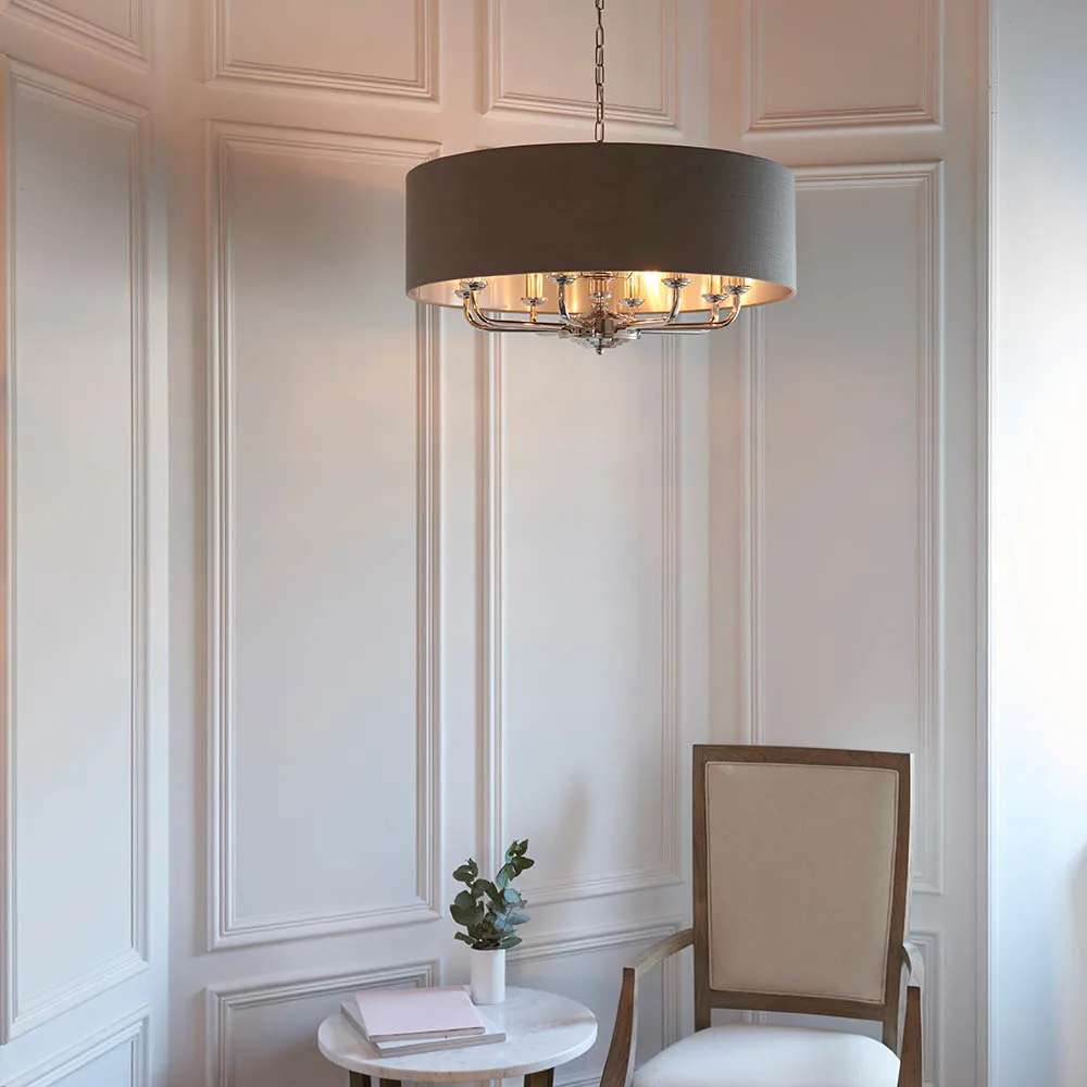 Ceiling Pendants - Endon Highclere 6lt Pendant Bright Nickel & charcoal fabric Dimmable (94373) - View 2