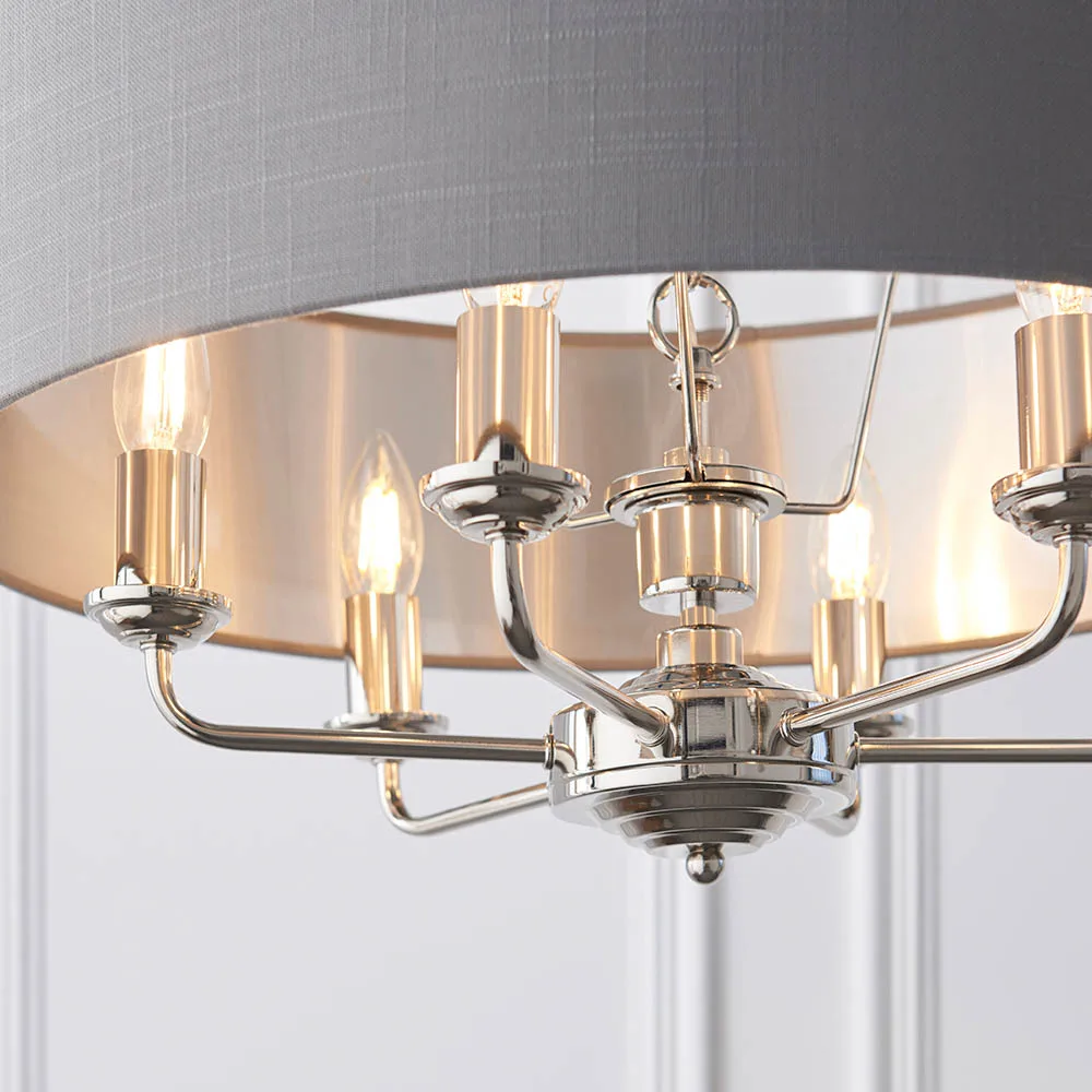 Ceiling Pendants - Endon Highclere 6lt Pendant Bright Nickel & charcoal fabric Dimmable (94373) - View 3