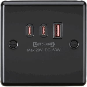 ML Accessories - Knightsbridge Matt Black 230V Triple USB Charger Plate 2xUISB-C 1xUSB-A [20V DC Max. 63W] (CL63WMB)