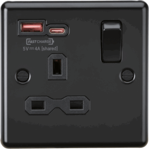 ML Accessories - Knightsbridge Matt Black 13A 1G SP Switched Socket with Dual USB A+C 12V DC 1.5A [Max. 18W] with Insert (CL9919MBB)