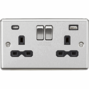 ML Accessories - Knightsbridge Raised Edge Brushed Chrome 13A 2G SP Switched Socket with dual USB C+A 5V DC 4.0A [shared] with insert (CL9940BC)