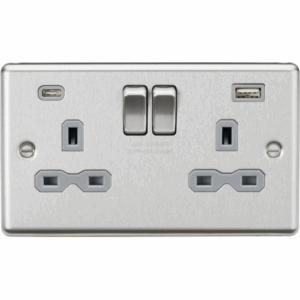 ML Accessories - Knightsbridge Raised Edge Brushed Chrome 13A 2G SP Switched Socket with dual USB C+A 5V DC 4.0A [shared] Grey Insert (CL9940BCG)