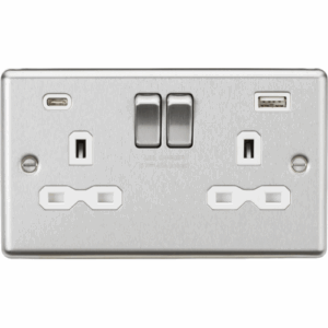 ML Accessories - Knightsbridge Brushed Chrome 13A 2G SP Switched Socket with dual USB C+A 5V DC 4.0A [shared] White Insert (CL9940BCW)