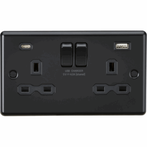 ML Accessories - Knightsbridge Matt Black 13A 2G SP Switched Socket with Dual USB A+C (5V DC 4.0A shared) with Insert (CL9940MBB)
