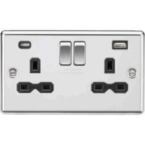 ML Accessories - Knightsbridge Raised Edge Polished Chrome 13A 2G SP Switched Socket with dual USB C+A 5V DC 4.0A [shared] with insert (CL9940PC)