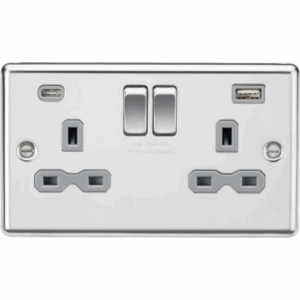 ML Accessories - Knightsbridge Raised Edge Polished Chrome 13A 2G SP Switched Socket with dual USB C+A 5V DC 4.0A [shared] Grey Insert (CL9940PCG)