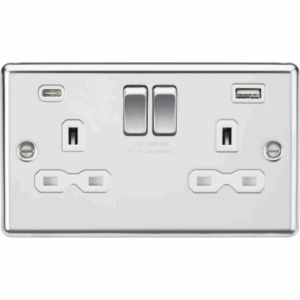 ML Accessories - Knightsbridge Polished Chrome 13A 2G SP Switched Socket with dual USB C+A 5V DC 4.0A [shared] White Insert (CL9940PCW)