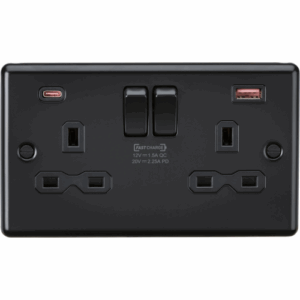 ML Accessories - Knightsbridge Matt Black 13A 2G DP Switched Socket with Dual USB A+C 20V DC 2.25A (Max. 45W) with Insert (CL9945MBB)