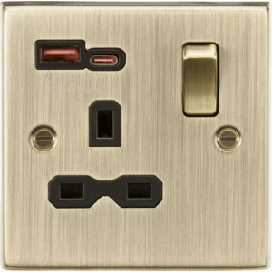 ML Accessories - Knightsbridge Antique Brass 13A 1G SP Switched Socket with Dual USB A+C 12V DC 1.5A [Max. 18W] with Insert (CS9919AB)