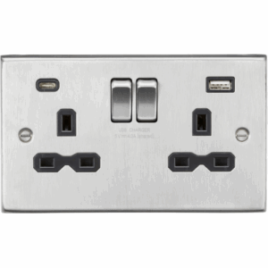 ML Accessories - Knightsbridge Brushed Chrome 13A 2G SP Switched Socket with Dual USB A+C (5V DC 4.0A shared) with Insert (CS9940BC)