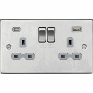 ML Accessories - Knightsbridge Brushed Chrome 13A 2G SP Switched Socket with Dual USB A+C (5V DC 4.0A shared) Grey Insert (CS9940BCG)