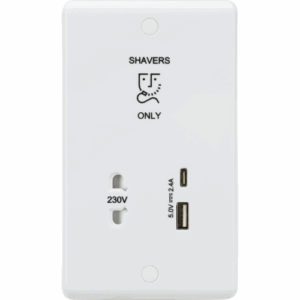 ML Accessories - Knightsbridge White Curved Edge 230V Shaver Socket with Dual USB A+C (5V DC 2.4A shared, Max. 12W) (CU8909)