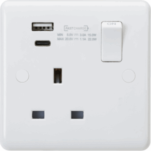 ML Accessories - Knightsbridge White Curved Edge 13A 1G DP Switched Socket with Dual USB A+C (20V DC 1.1A) Max. 22W (CU9919D)