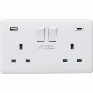 ML Accessories - Knightsbridge White Curved Edge 13A 2G DP Switched Socket with Dual USB A+C [5V DC 3.1A shared] Max. 15.5W (CU9931D)