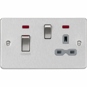 ML Accessories - Knightsbridge Flat Plate Brushed Chrome 45A DP Switch & 13A Socket with Neons Grey Insert (FPR83MNBCG)