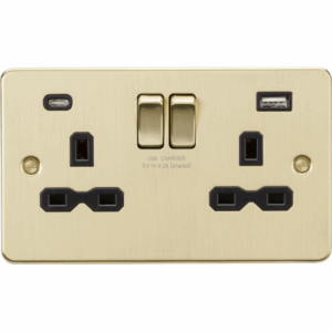Flat Plate - Knightsbridge Brushed Brass 13A 2G SP Switched Socket with Dual USB A+C (5V DC 4.0A shared) with Insert (FPR9940BB)