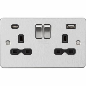 ML Accessories - Knightsbridge Flat Plate Brushed Chrome 13A 2G SP Switched Socket with Dual USB A+C (5V DC 4.0A shared) with Insert (FPR9940BC)