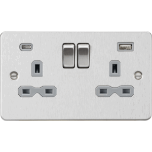 ML Accessories - Knightsbridge Flat Plate Brushed Chrome 13A 2G SP Switched Socket with Dual USB A+C (5V DC 4.0A shared) Grey Insert (FPR9940BCG)