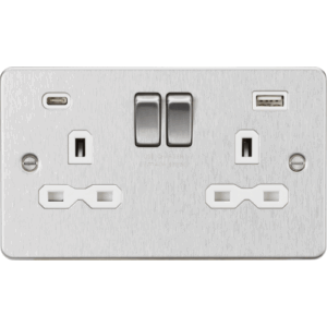 ML Accessories - Knightsbridge Flat Plate Brushed Chrome 13A 2G SP Switched Socket with Dual USB A+C (5V DC 4.0A shared) White Insert (FPR9940BCW)