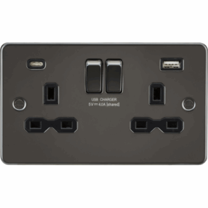 Flat Plate - Knightsbridge Gunmetal 13A 2G SP Switched Socket with Dual USB A+C (5V DC 4.0A shared) with Insert (FPR9940GM)