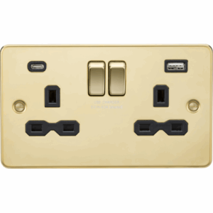 Flat Plate - Knightsbridge Polished Brass 13A 2G SP Switched Socket with Dual USB A+C (5V DC 4.0A shared) with Insert (FPR9940PB)