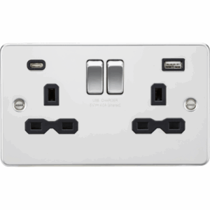 ML Accessories - Knightsbridge Flat Plate Polished Chrome 13A 2G SP Switched Socket with Dual USB A+C (5V DC 4.0A shared) with Insert (FPR9940PC)