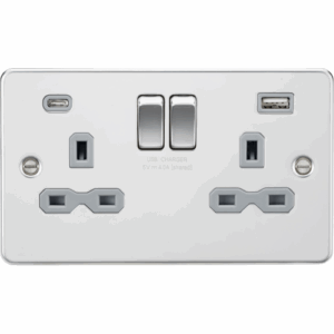 ML Accessories - Knightsbridge Flat Plate Polished Chrome 13A 2G SP Switched Socket with Dual USB A+C (5V DC 4.0A shared) Grey Insert (FPR9940PCG)