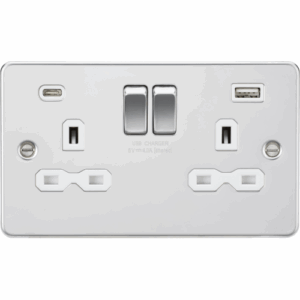 ML Accessories - Knightsbridge Flat Plate Polished Chrome 13A 2G SP Switched Socket with Dual USB A+C (5V DC 4.0A shared) White Insert (FPR9940PCW)