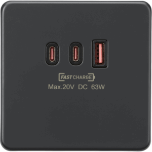 ML Accessories - Knightsbridge Anthracite 230V Triple USB Charger Plate 2xUSB-C 1xUSB-A [20V DC Max. 63W] (SF63WAT)